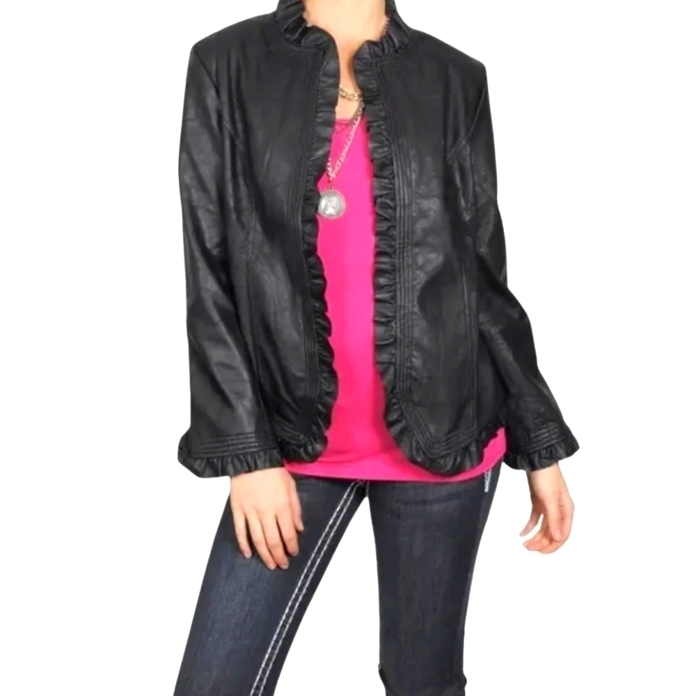 Hot in Hollywood Ruffle  Leather Jacket Black Medium